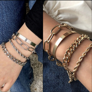 4pcs/<b>set</b> Hot Selling Fashion Punk Exaggerated Geometric <b>Bracelet</b> Metal Wind Stack Wear Women's <b>Bracelet</b> Cuban Chain Jewelry - Product Image 3