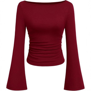 T-shirt a maniche lunghe da donna in viscosa, slim fit, con collo alla coreana, tinta unita, stile europeo-americano, effetto snellente, per l'autunno. - Product Image 1