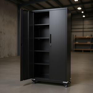 Armoire de rangement en acier à roulettes, 5 niveaux, 4 étagères réglables, portes magnétiques, noire, pour entrepôt, bureau, garage - Product Image 2