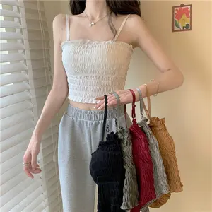 Koreaanse Slim Knit Jarretel Naadloze Ruche Rand Vest Candy Kleur Mouwloze Wrap Borst Tank Top Vrouwen Camisoles Met Gewatteerde