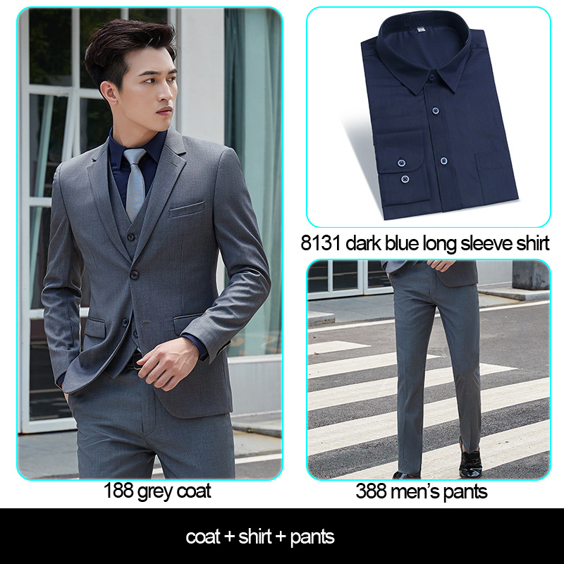 Abrigo gris de los hombres + Pantalones + camisa azul oscuro