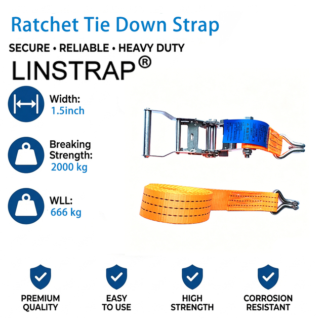 1.5 Inch Double J Hook Stainless Steel Ratchet Strap Heavy Duty Polyester Cargo Tie Tensioner Black Electrophoresis