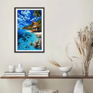 Peinture de paysage moderne de maison en bord de mer sous le ciel bleu, impression haute définition sur toile, articles de décoration pour la maison - Product Image 2