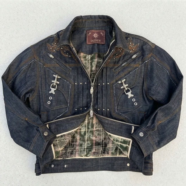 DiZNEW Mens Zip up Embroidered Denim Jacket Dark Wash Western Moto Trucker Coat With Metal Buckle Detail Custom OEM ODM Supply