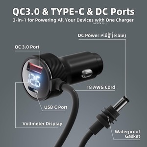 Cargador de coche multifunción 3 en 1 con pantalla digital, encendedor de cigarrillos, cable de datos DC, adaptador de corriente Tipo-C, carga rápida USB para coche. - Product Image 3