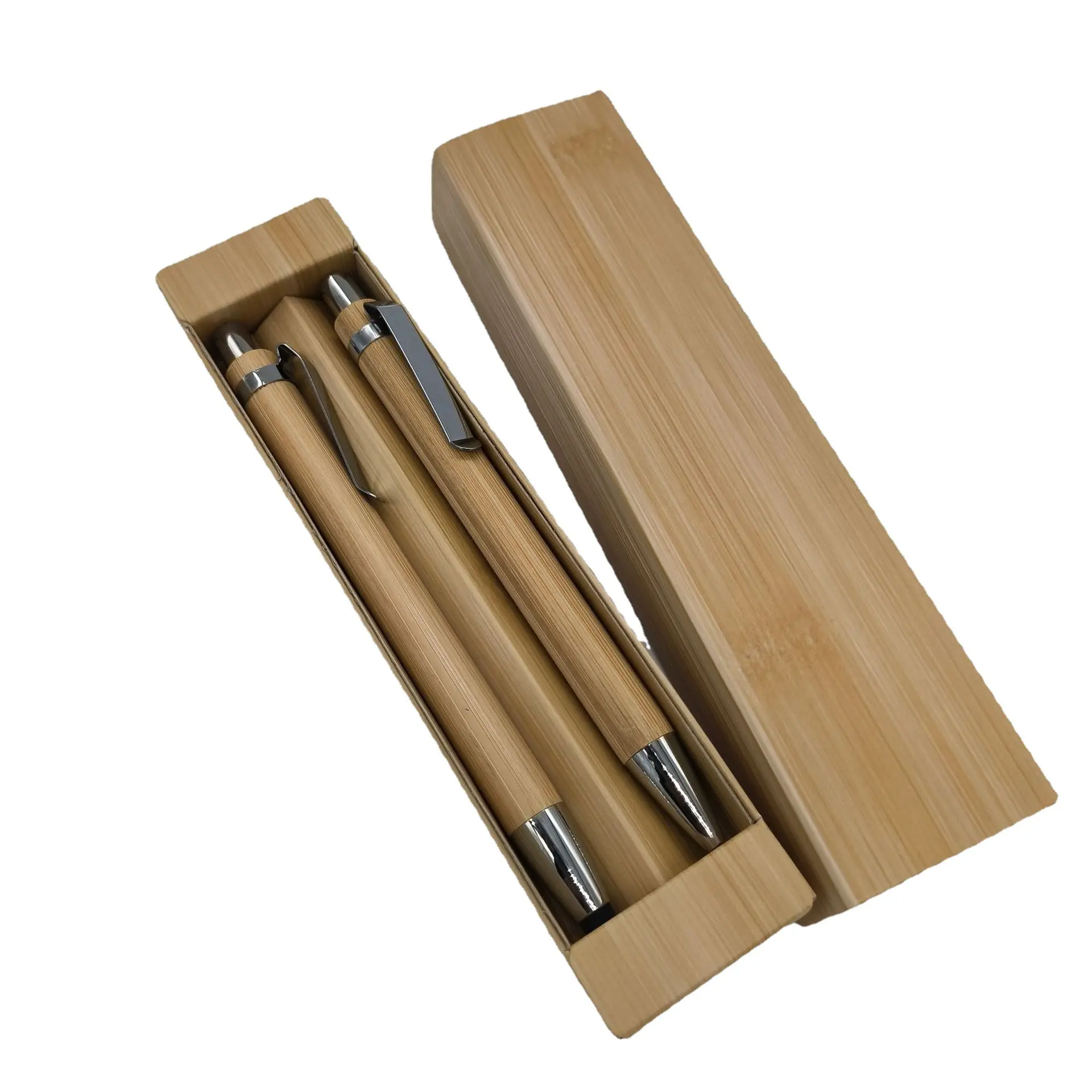 Set di penne di bambù all'ingrosso all'ingrosso stilo di bambù da 2 pezzi confezione regalo con Logo personalizzato Set di penne di bambù