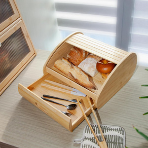 Wooden Bread Storage Box With Drawer Freshness Preservation <b>Kitchen</b> Bakery Use Rectangle Shape - Product Image 4