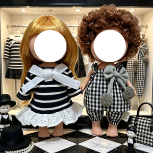 Ensemble de robes de style occidental pour poupées de 24 cm, robe en dentelle rayée noire et blanche et tenue à carreaux avec nœud gris - Product Image 4