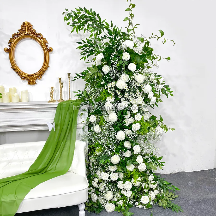 Promesa Venta caliente boda arco floral artificial blanco rosa y verde flor arco telón de fondo