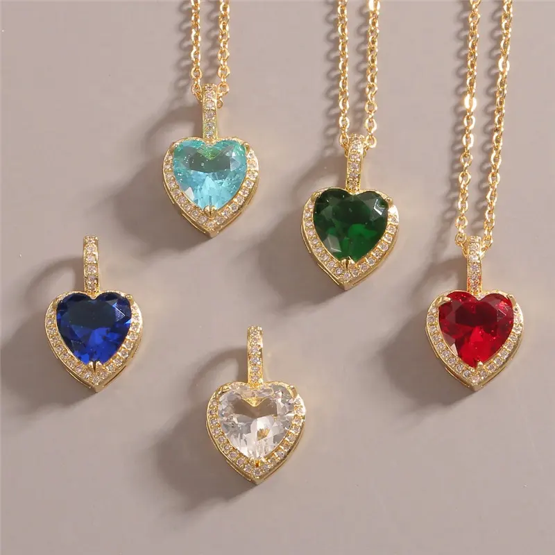 Valentine's Jewelry Women AAA Cubic Zircon CZ zircon Colorful Heart Pendant Necklace Gold Plated Brass Necklace
