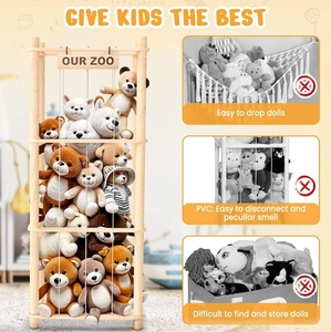 منظم تخزين حيوانات خشبية محشوة-رف حامل لعبة لطيف للأطفال الصغار ، عرض حيوانات قطيفة لغرف الأطفال - Product Image 2