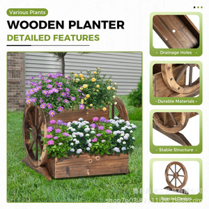Chariot à fleurs en bois massif pour jardin extérieur, cour, balcon, design rustique, sur pieds, à deux niveaux, avec roulettes - Product Image 5