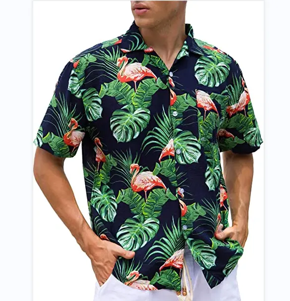 مخصص تصميم الطباعة رجل البوليستر الصيف عارضة الأزهار قمصان هاواي قصيرة الأكمام زر أسفل الشاطئ قمصان