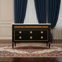 Commode de luxe néoclassique française en bois massif noir et or avec plateau en marbre pour entrée et chambre à coucher