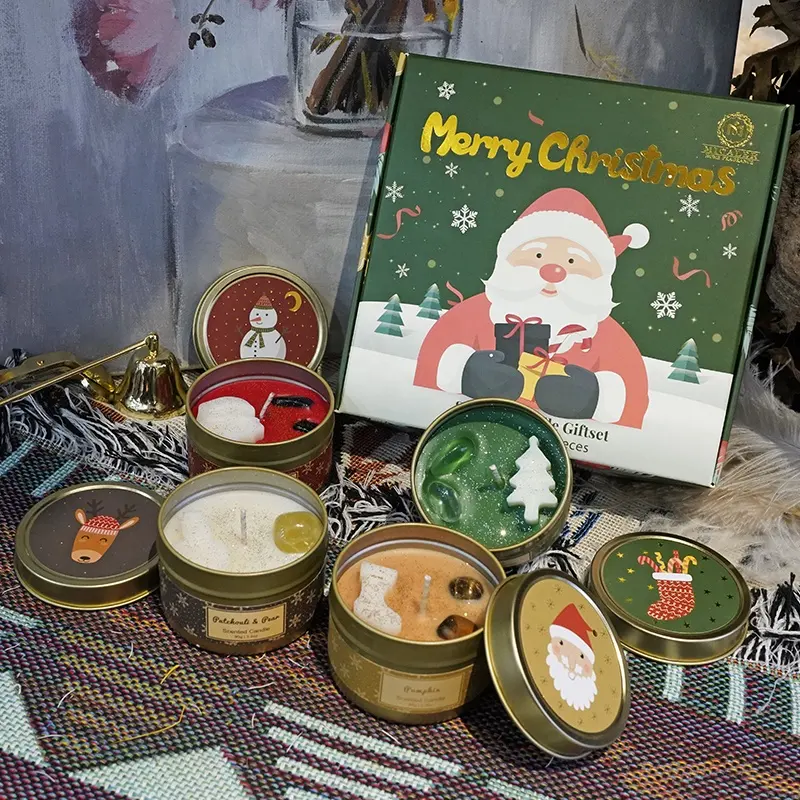 2024 Weihnachts geschenk Luxus Wohn accessoires Aroma Custom Travel Zinn Handgemachte Soja Wachs Duft kerzen 4er-Set mit Geschenk box