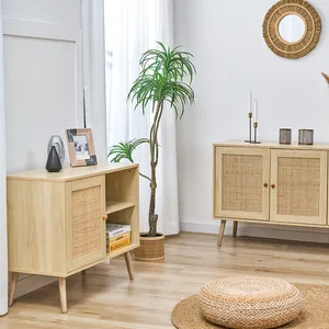 Sala de estar móveis rattan madeira tv console mesa moderno armário da tv com perna de madeira sólida