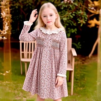 Robes trapèze personnalisées pour filles, style boutique, à col blanc, manches longues, broderie smockée faite main, 100% coton, longueur genou, motif floral, ODM