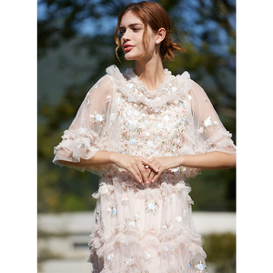Dulce elegante vestido de cintura media Europeo Americano punto bordado malla <span class=keywords><strong>rosa</strong></span> hasta la rodilla mariposa XS para organizar banquetes fiestas - Product Image 2