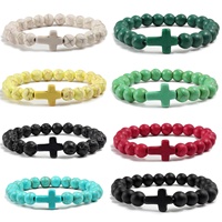 Bracelet en perles de turquoise semi-précieuse de 8 mm avec croix en perles, style religieux, bracelet chrétien pour homme, cadeau