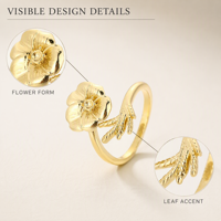 OUGEPHELI Cincin Terbuka Motif Daun Bunga Warna Emas, Cincin Botani untuk Wanita Perhiasan Fashion Grosir