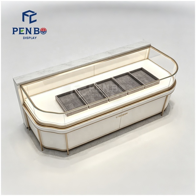 Luxury Retail Store Design & Cabinet Manufacturing Glass Led Illuminated Jewelry Diamond Shop Display Showcase With Gold Trim