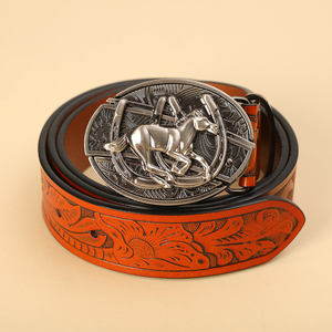 Men <b>Western</b> Rodeo Running Horse Leather <b>Belt</b> Vintage Horseshoe Oval Buckle Embossed Floral Brown PU Waist <b>Belt</b> - Product Image 1