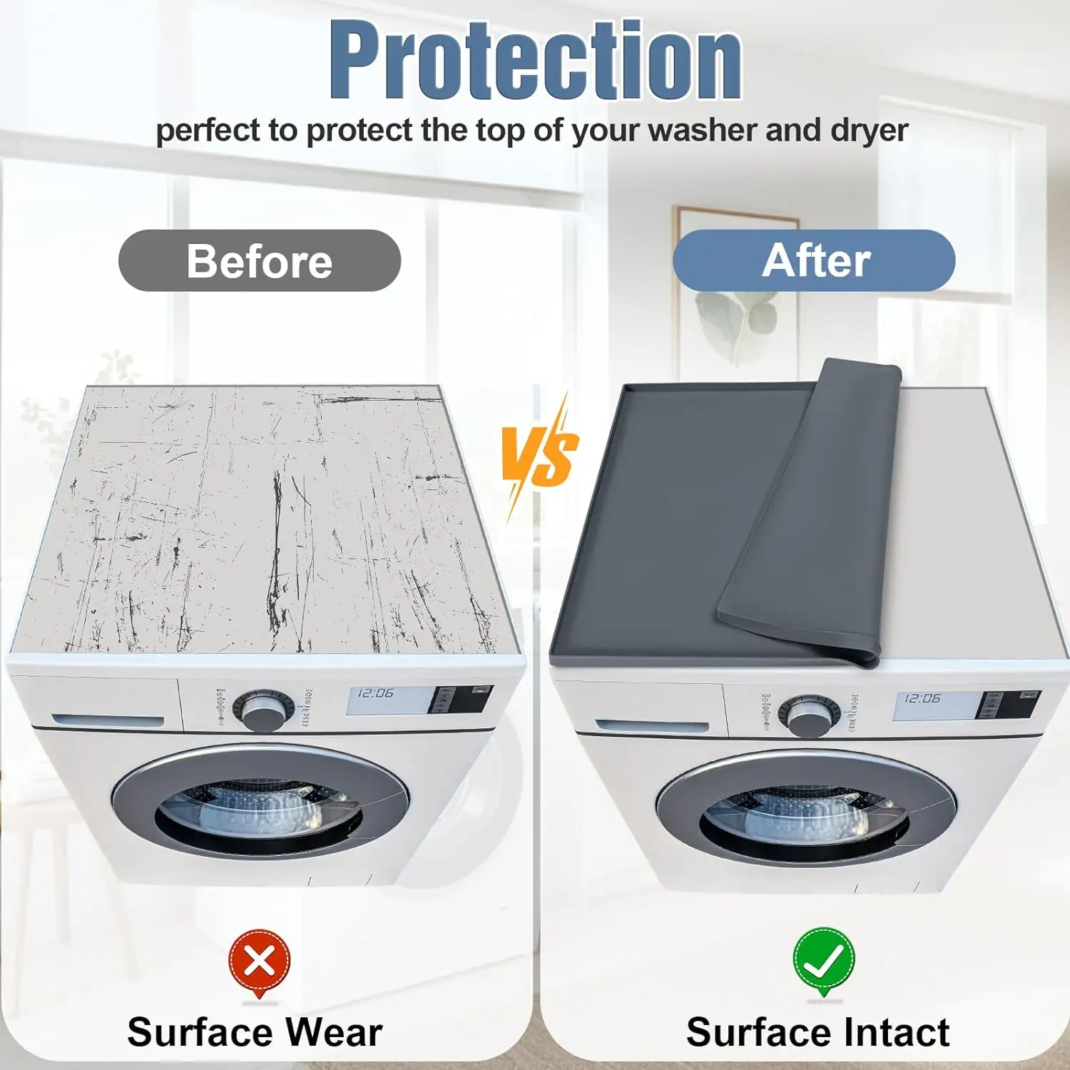 Tapete de borracha de silicone protetor para máquina de lavar roupa, tapete antiderrapante de 23,6" x 23,6"