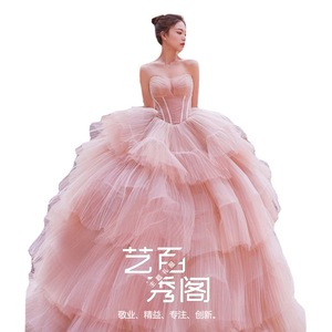 Artistic Wedding Dress Pink Tulle Ball Gown Strapless Princess Waistline Outdoor Photography - Product Image 5