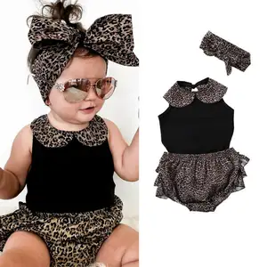 Bayi Gadis Pakaian Macan Tutul Cetak Bayi Renda Baju Monyet + Ruffle Celana Pendek Bayi Pakaian Musim Panas Yang Baru Lahir Pakaian