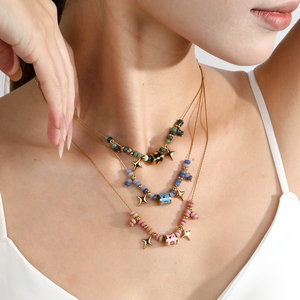 Collar con colgante de cuentas chapado en oro para mujer ASON, con estrella, sol, luna, tubo de esmalte, resina acrílica, piedra de ágata, bonito, al por mayor - Product Image 3