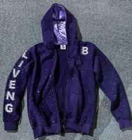 Sweat à capuche zippé surdimensionné en molleton de coton, avec broderie de motifs, effet vieilli, orné de strass et de cristaux, en satin