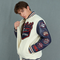 Veste universitaire unisexe de style hip-hop de haute qualité pour le dropshipping, avec manches en cuir PU et logo brodé en chenille sur le devant