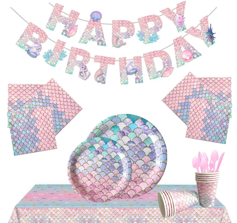 Peralatan makan sekali pakai, pesta putri duyung Set serbet piring cangkir kertas dekorasi pesta ulang tahun anak perempuan