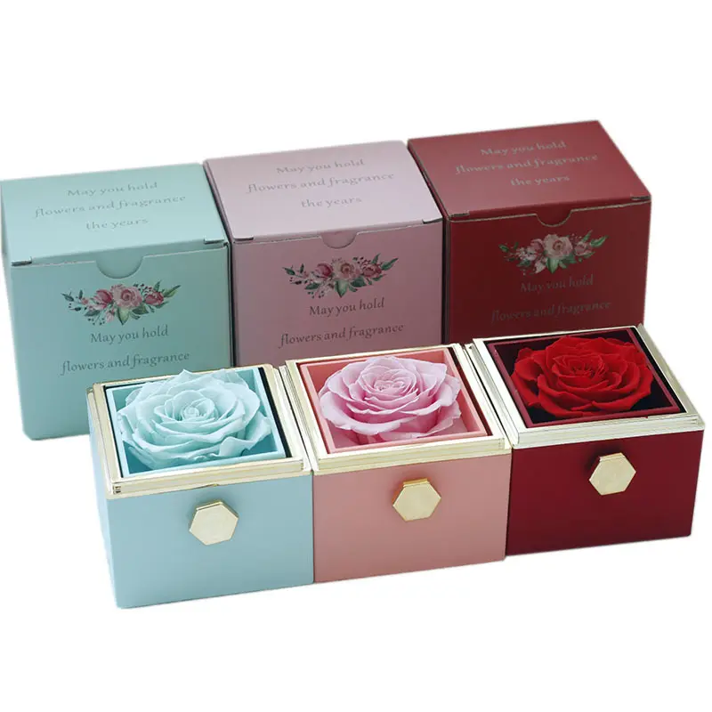 2014 Nova caixa de joias giratória de rosas eternas preservadas para namorados (colar não incluído)