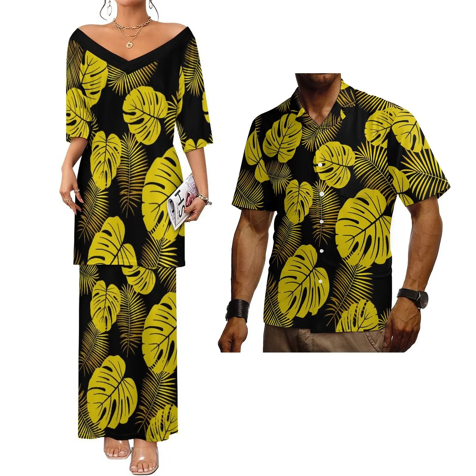 Hot Sale Sexy V-Ausschnitt Elegante Damen Kleid Polynesian Tattoo Design Plus Size Paar Sets Puletasi Samoan Kleider