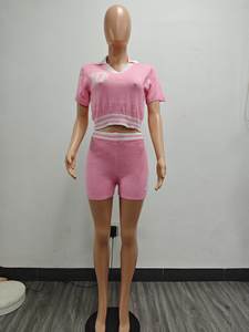 Viviblook Z318ST04 Fashion Leisure Summer Collar Contrast Knitted Set <b>Crop</b> <b>Top</b> and Shorts 2 Pieces Set - Product Image 2