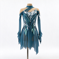 Robe de patinage artistique vert turquoise pour enfants et adultes, à épaules dénudées, manches longues en maille, dos orné de feuilles en strass, pour compétition et spectacle de patinage sur glace
