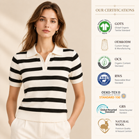 Pull en coton rayé personnalisé pour femmes, pull à manches courtes avec col polo boutonné, pull en tricot pour femmes