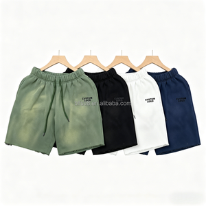 Shorts décontractés en coton pour hommes avec cordon de serrage à la taille, logo personnalisé sur le devant, couleur unie, respirants, tricotés, taille mi-haute - Product Image 1