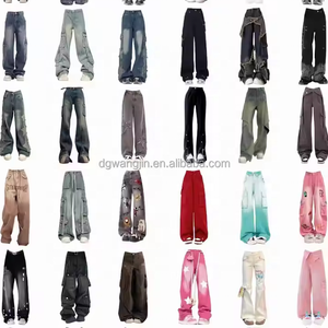 Pantalones informales transpirables con botones de lavado oscuro a la moda de verano para mujer, pantalones vaqueros de pierna ancha holgados, patrón sólido desgastado para otoño - Product Image 5