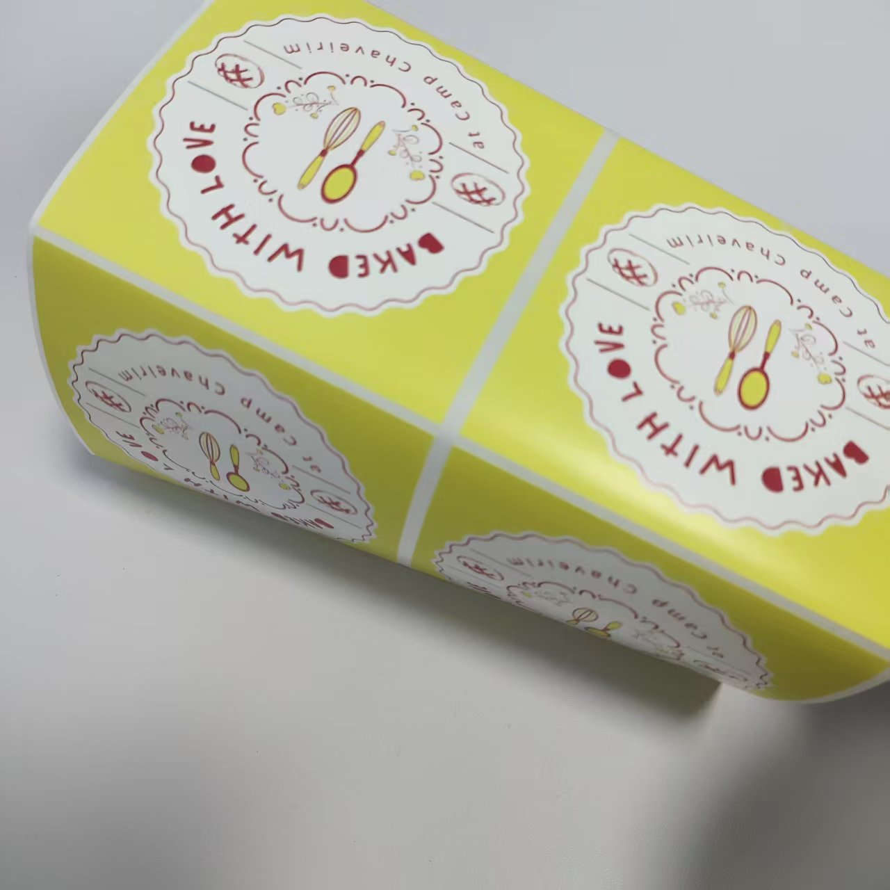 Custom Printed Self-Adhesive Eco-Friendly Yellow Baking Stickers Roll 'Baked Love' Grocery Food Packaging Labels