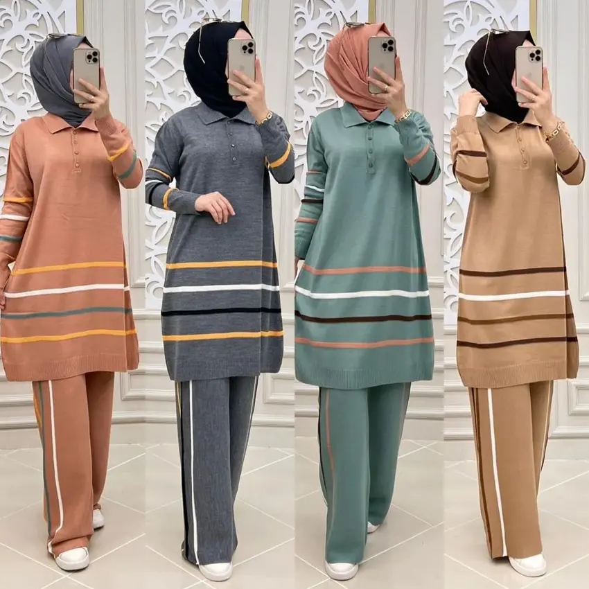 사용자 정의 저렴한 디자인 2 세트 겸손한 레이어 이슬람 여성 엘레강트 두바이 트렌디 이슬람 의류 민족 의류