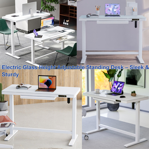 Mesas ajustables de altura eléctrica superior de vidrio templado PC Sit to Stand Escritorio de pie Escritorio con cajones - Product Image 2