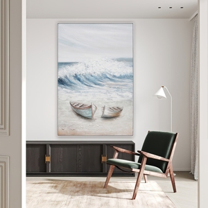 Peinture à l'huile abstraite moderne peinte à la main, art mural côtier, bateaux sur la plage avec des vagues qui déferlent, pour un décor paysager - Product Image 1