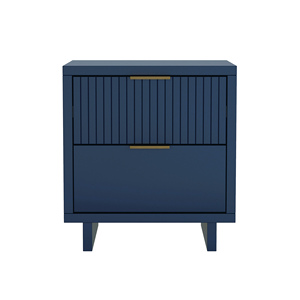 Table de chevet bleu nuit au design moderne et minimaliste avec pieds en bois et poignées dorées pour le rangement de la chambre - Product Image 1