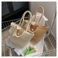 Sac fourre-tout en coton tressé à grande capacité, tendance, pour les vacances d'été, sac à main de plage avec nœud en dentelle, sac simple pour les trajets quotidiens