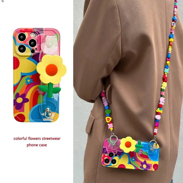 Siliconen Telefoonhoesje Voor Iphone 12 11 14 Pro 13pro Max Plus 2023 Daisy Flower Met Lanyard Nekband Case Fashion Holder Cover