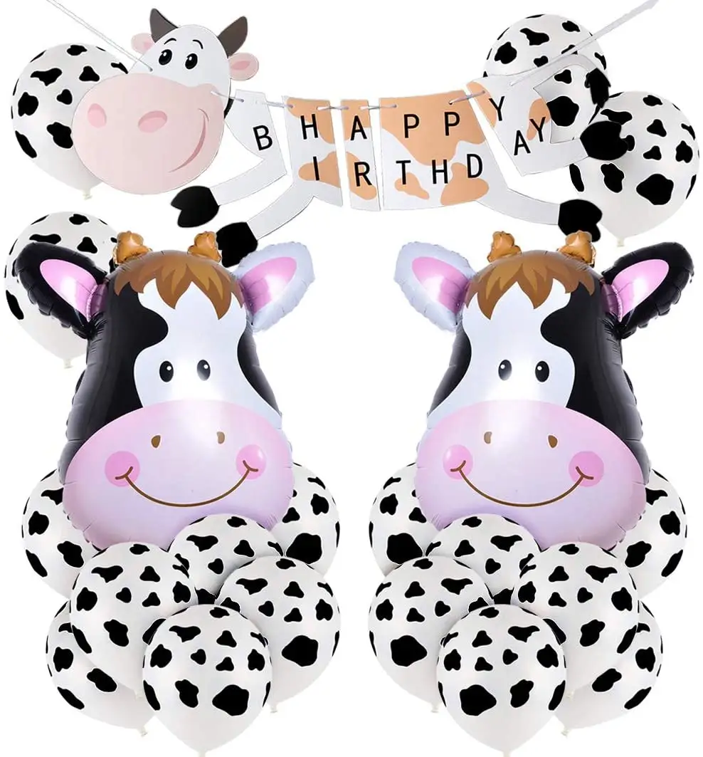 Farm Birthday Decoration Cow Birthday Banner, Cow Print Latex Balloons and Foil Balloons for Cow Themed Party