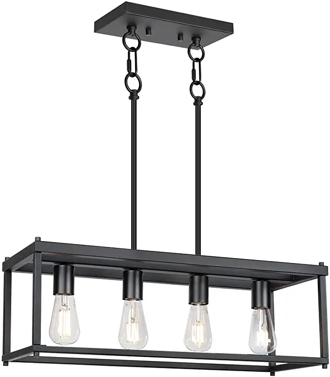 4-Light Island Industrial Dining Room Lighting Fixture, Kitchen Island Pendant Lighting Linear Chandelier with Black Painting