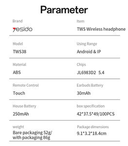 Yesido BT5.4 Control remoto táctil TWS Auriculares inalámbricos Tiempo de uso prolongado Sonido estéreo Auriculares inalámbricos TWS38 - Product Image 5